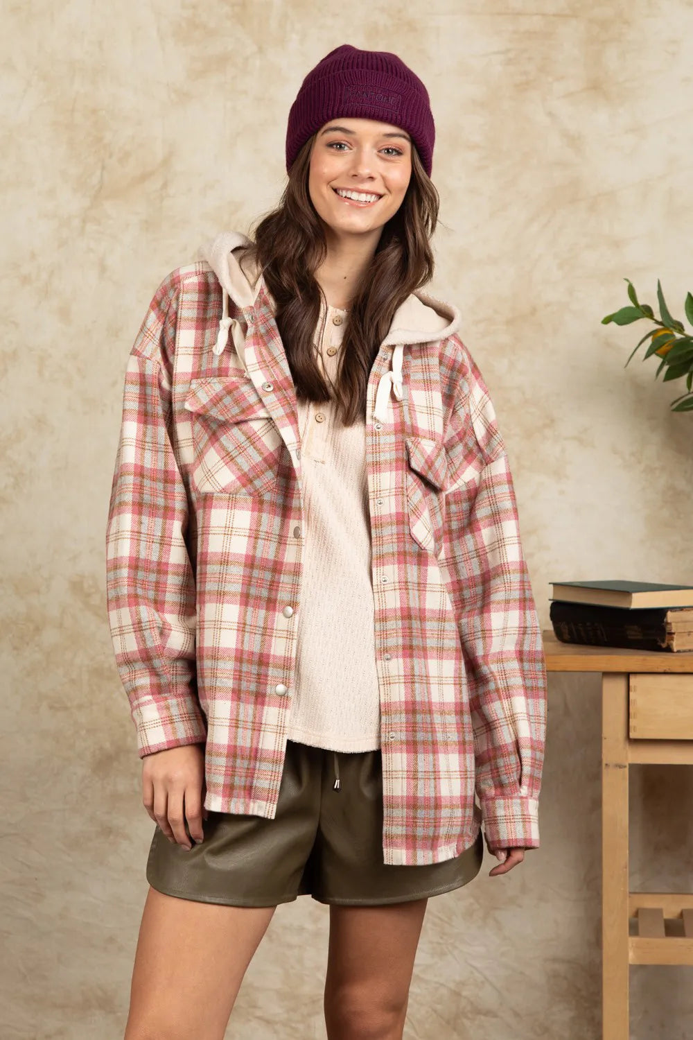 Drawstring Plaid Long Sleeve Hooded Jacket-Nordavory
