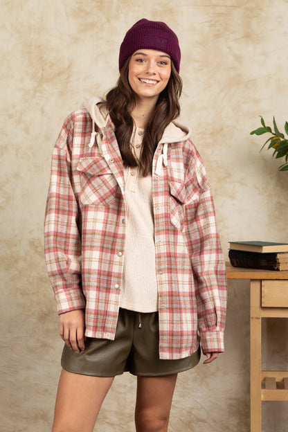 Drawstring Plaid Long Sleeve Hooded Jacket-Nordavory