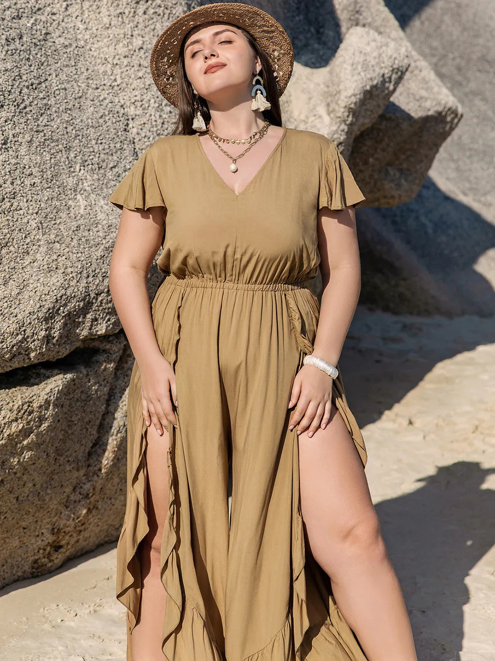 Plus Size Slit Ruffled V-Neck Jumpsuit-Nordavory