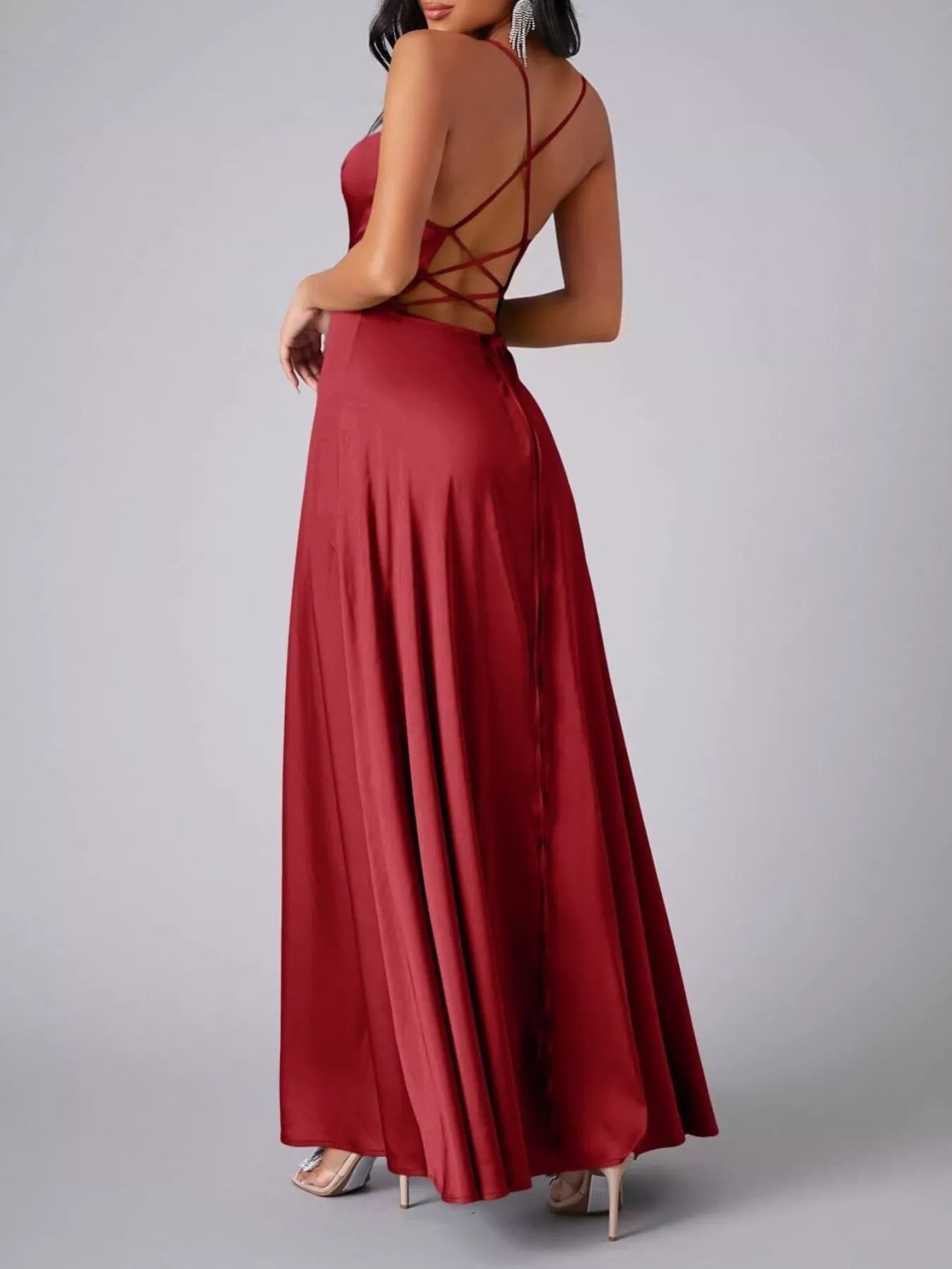 Lace Up Back Split Maxi Dress-Nordavory