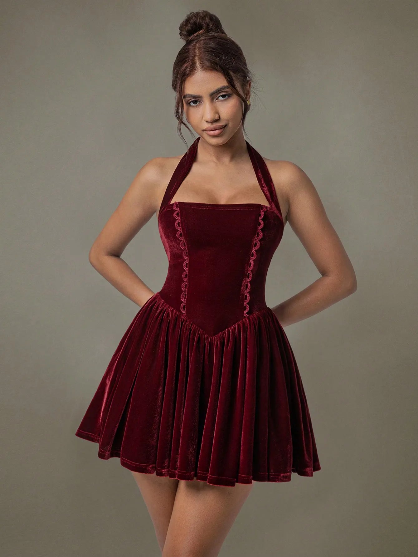 Velvet Halter Skater Dress-Nordavory