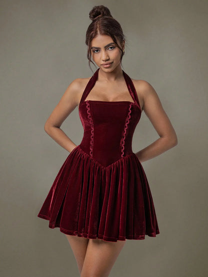 Velvet Halter Skater Dress-Nordavory
