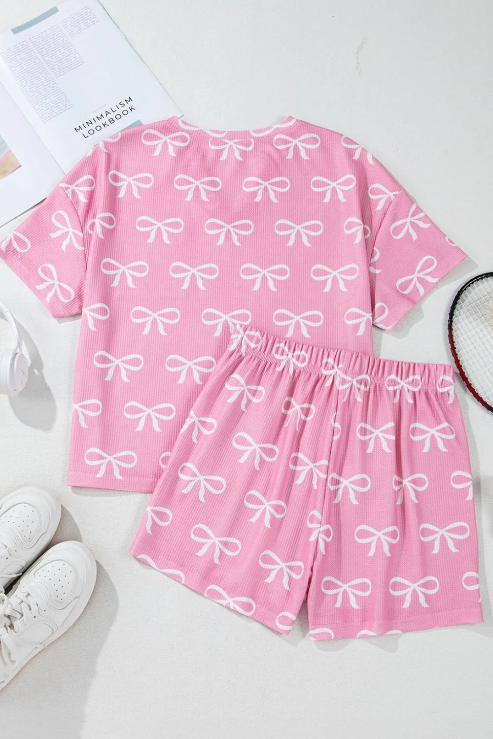 Bowknot Printed Notched T-Shirt and Shorts Set-Nordavory