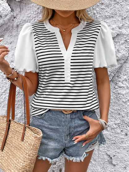Striped Notched Short Sleeve T-Shirt-Nordavory