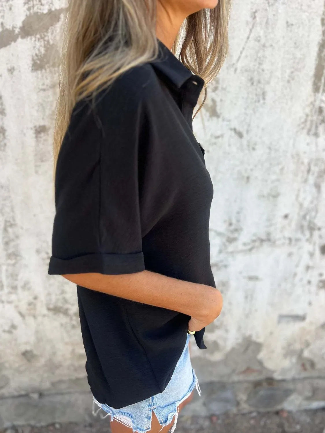 Full Size Collared Neck Half Sleeve Shirt Plus Size-Nordavory