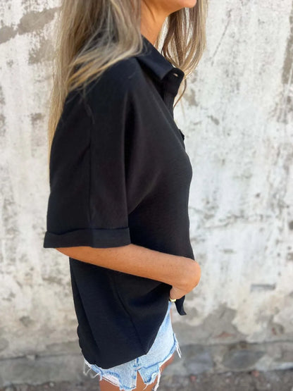 Full Size Collared Neck Half Sleeve Shirt Plus Size-Nordavory