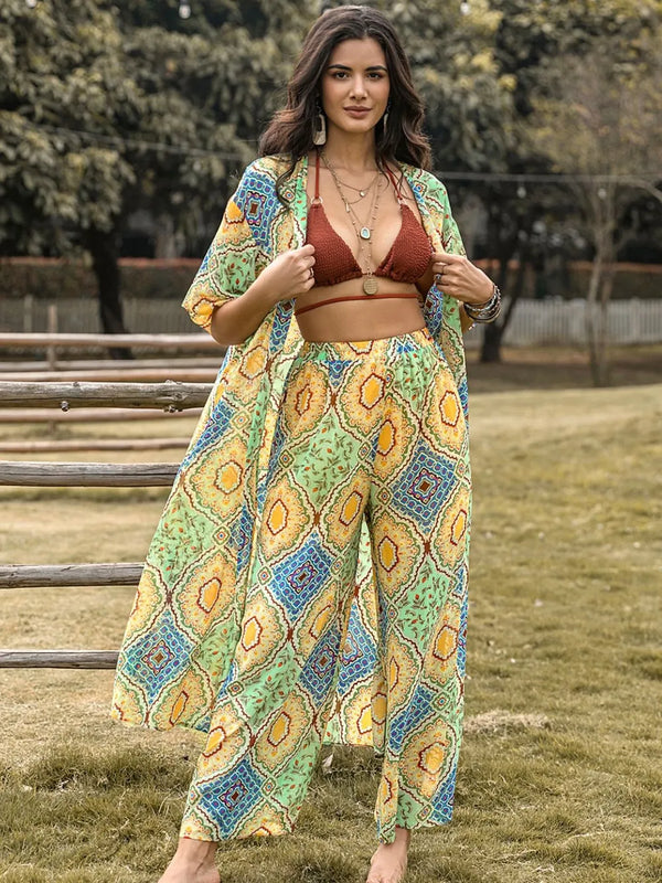Printed Half Sleeve Top and Wide Leg Pants Set-Nordavory