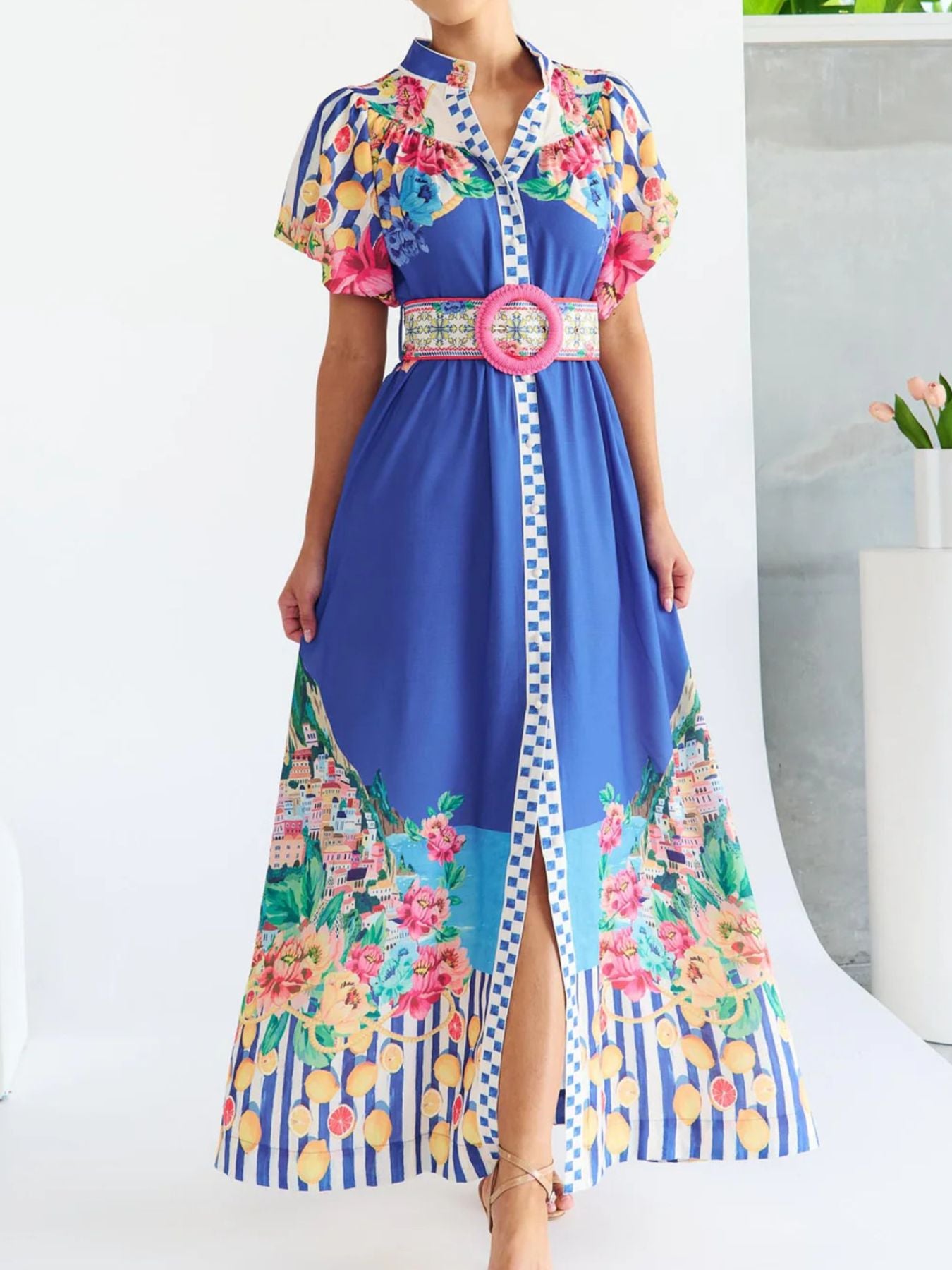 Printed Button Front Puff Sleeve Maxi Dress-Nordavory