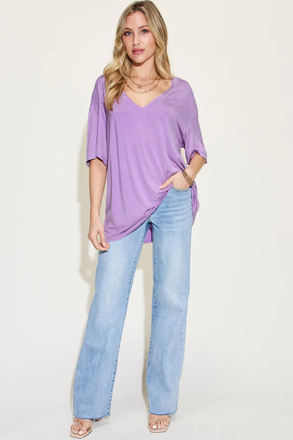 Basic Bae Full Size Bamboo V-Neck Drop Shoulder T-Shirt-Nordavory