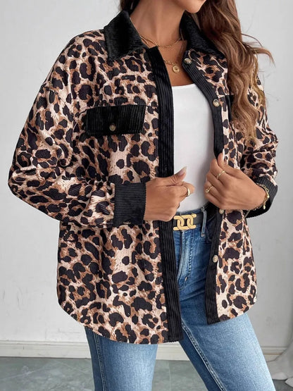 Leopard Collared Neck Button Up Shacket-Nordavory