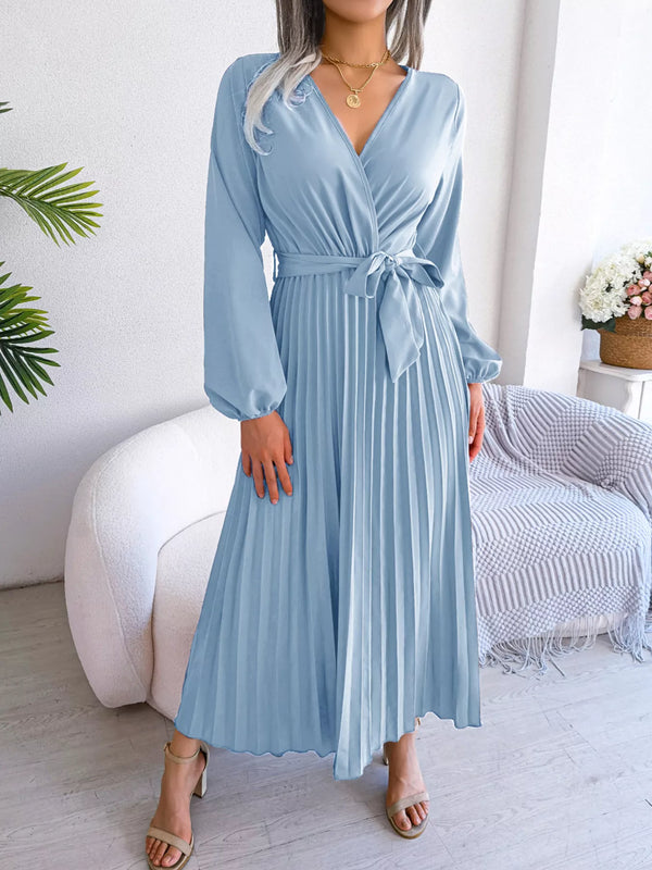 Elegant Pleated Front Tie Long Sleeve Dress-Nordavory