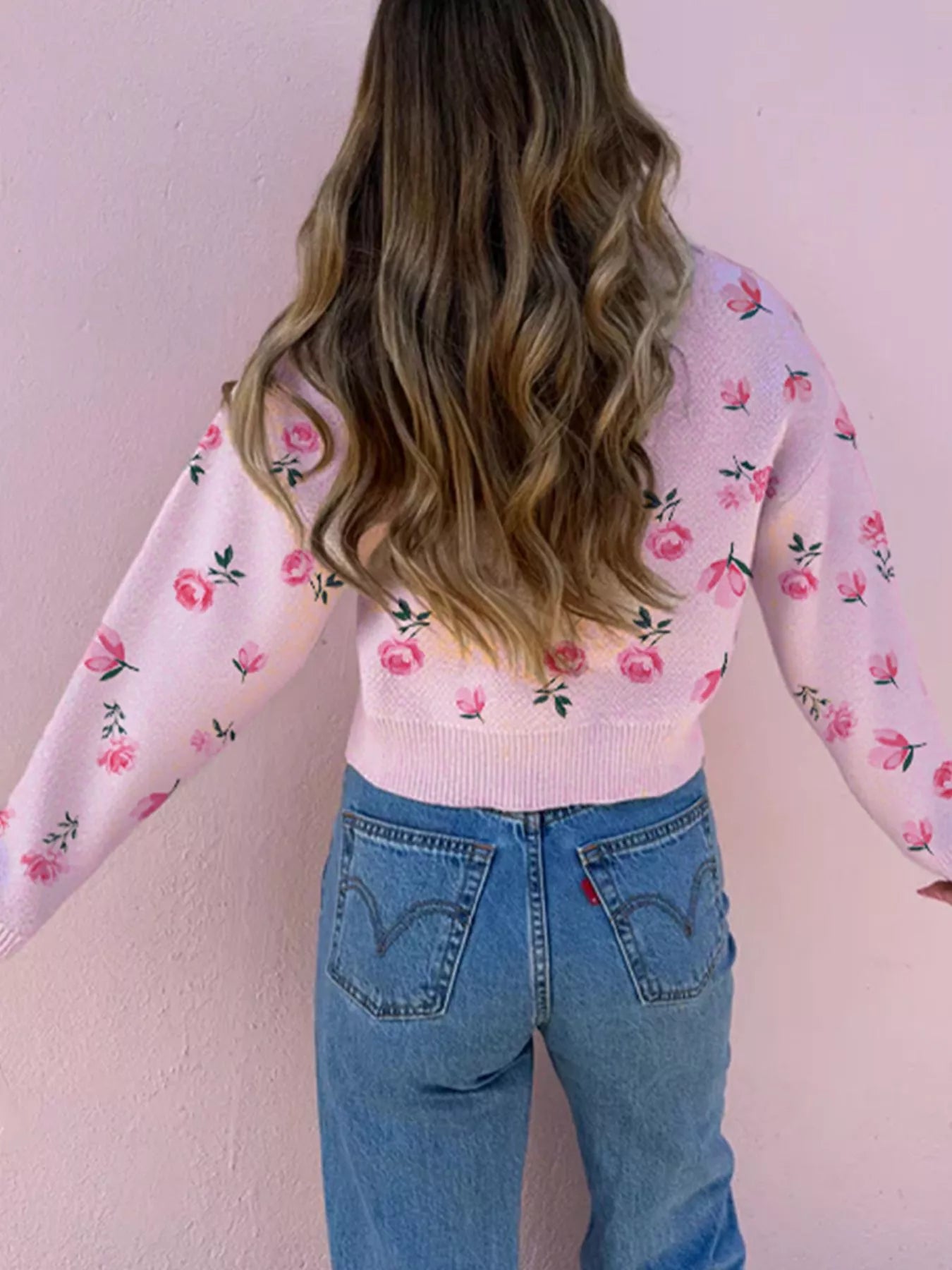 Floral Drop Shoulder Cropped Sweater-Nordavory