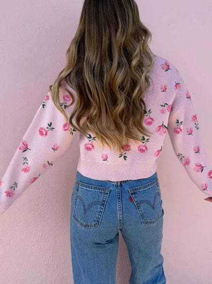Floral Drop Shoulder Cropped Sweater-Nordavory
