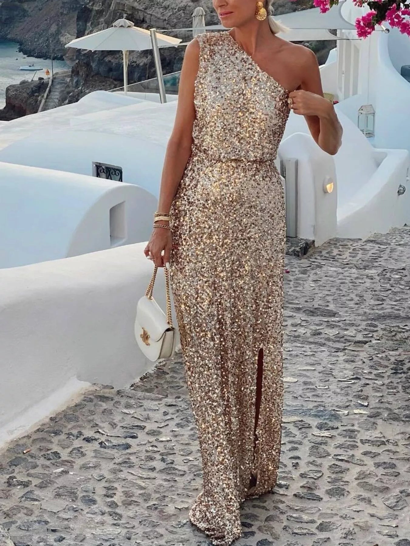 Sequin One-Shoulder Slit Maxi Dress-Nordavory