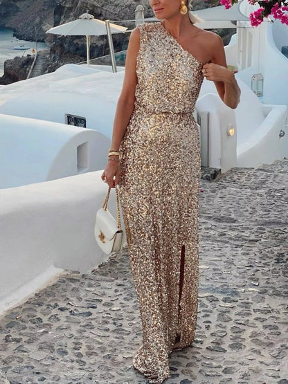 Sequin One-Shoulder Slit Maxi Dress-Nordavory