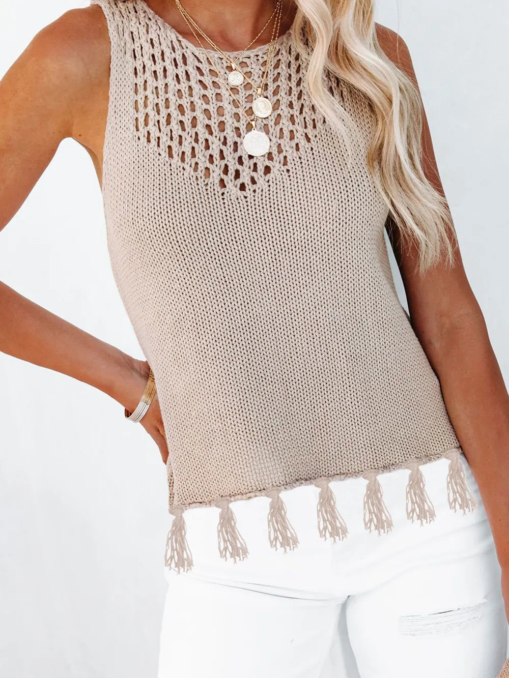 Cutout Tassel Round Neck Tank-Nordavory
