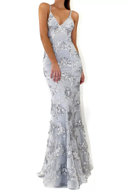 Full Size Sequin Tie Back V-Neck Maxi Dress Plus Size-Nordavory