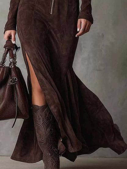 Full Size Slit Zip Front Long Sleeve Dress Plus Size-Nordavory