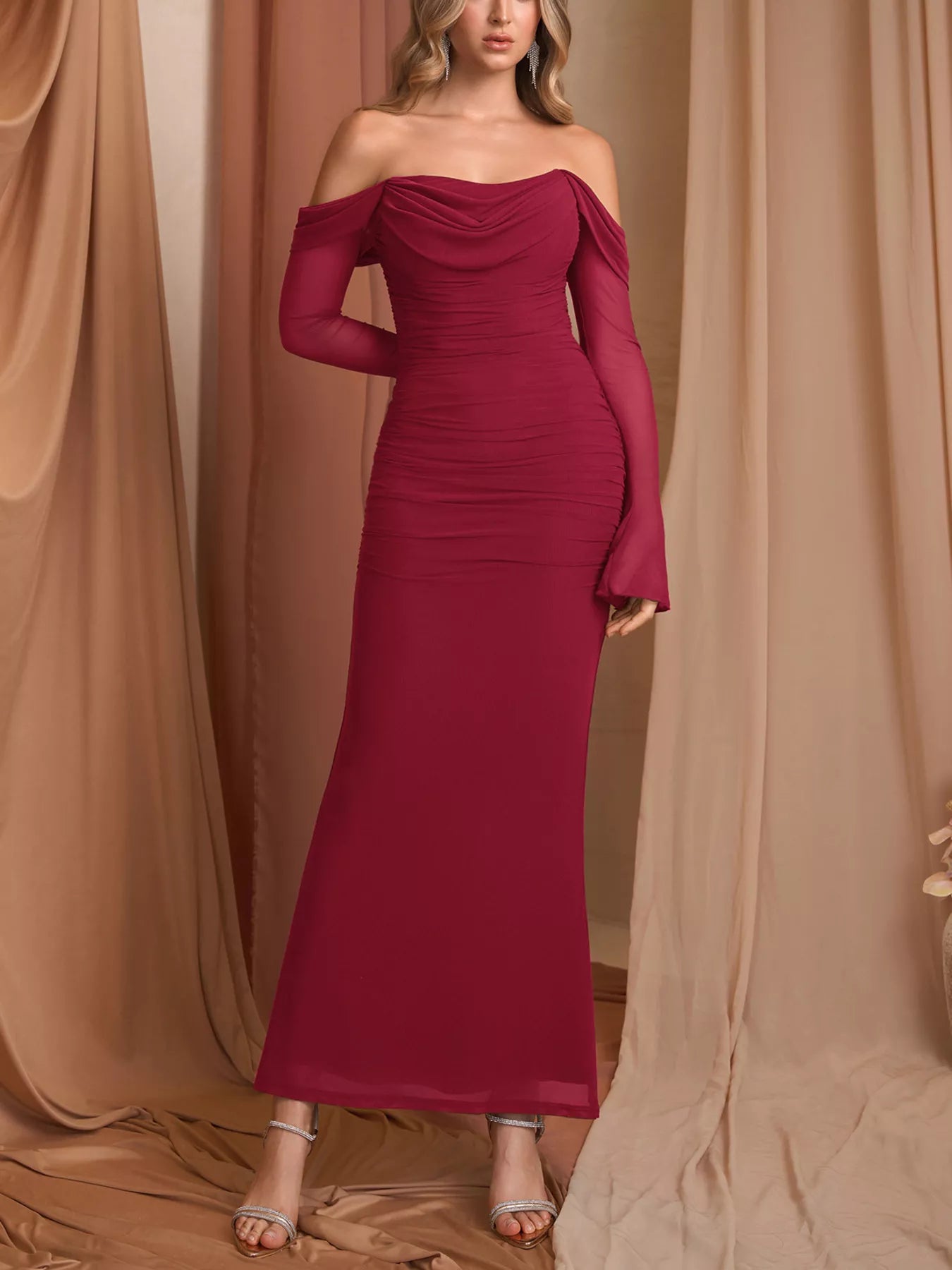 Off-Shoulder Ruched Mermaid Maxi Dress-Nordavory