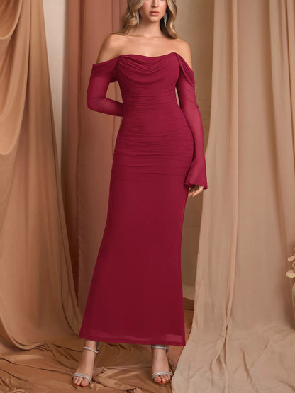 Off-Shoulder Ruched Mermaid Maxi Dress-Nordavory