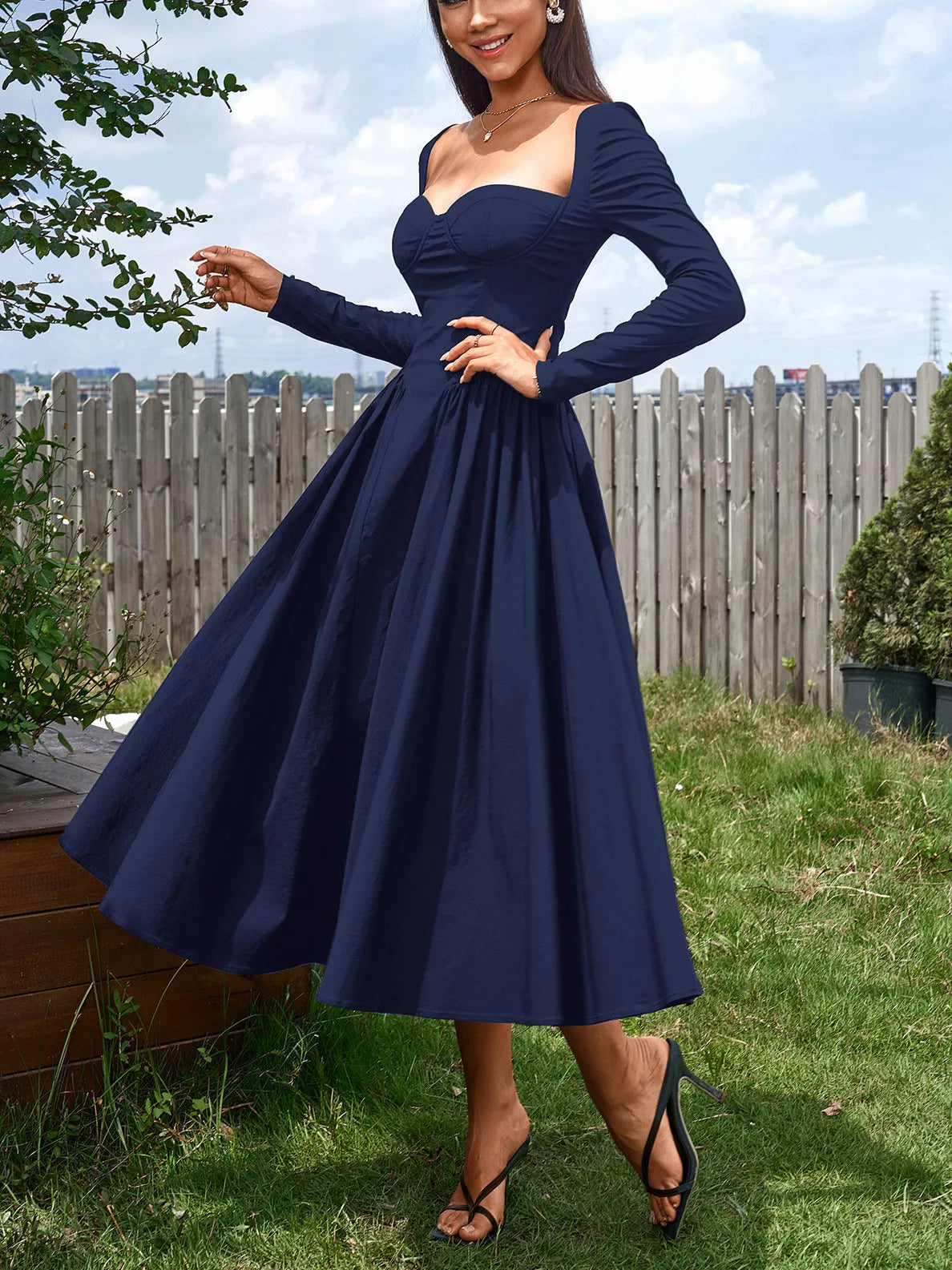 Sweetheart Neckline Long Sleeve A-Line Midi Dress-Nordavory