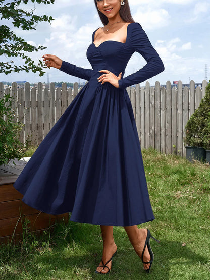 Sweetheart Neckline Long Sleeve A-Line Midi Dress-Nordavory