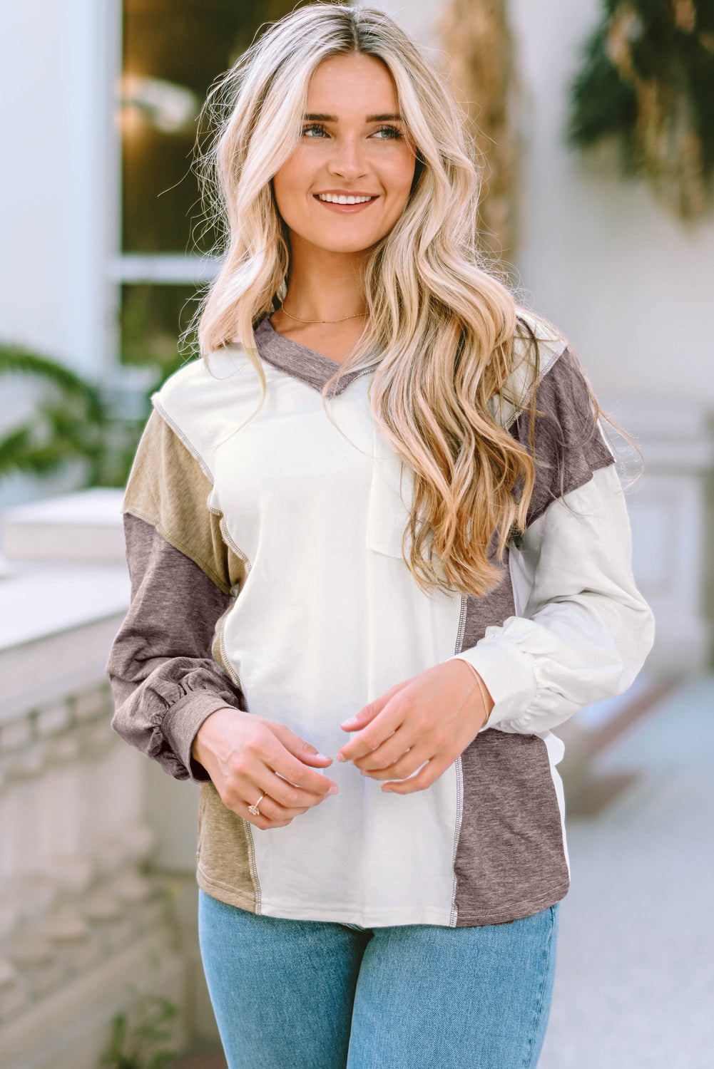 Color Block Exposed Seam Blouse-Nordavory