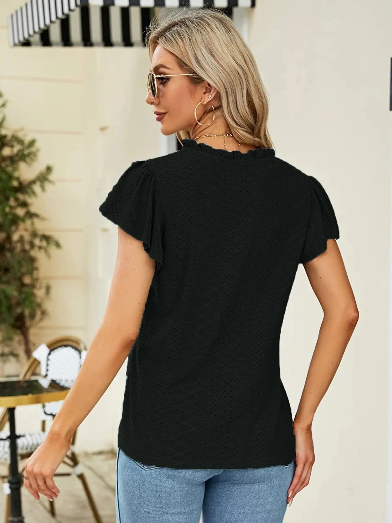 Eyelet Notched Short Sleeve T-Shirt-Nordavory