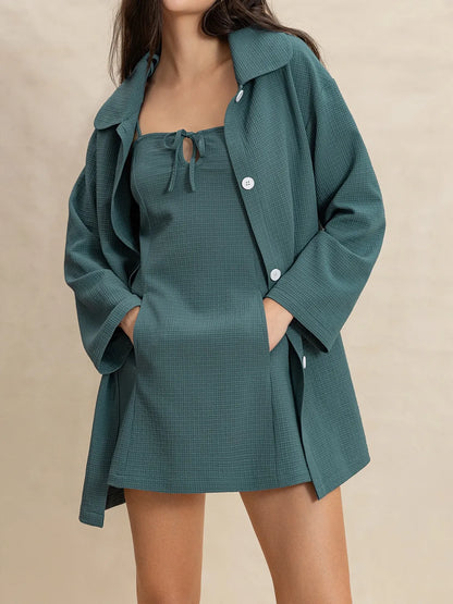 Tie Shoulder Mini Dress and Long Sleeve Top Set-Nordavory