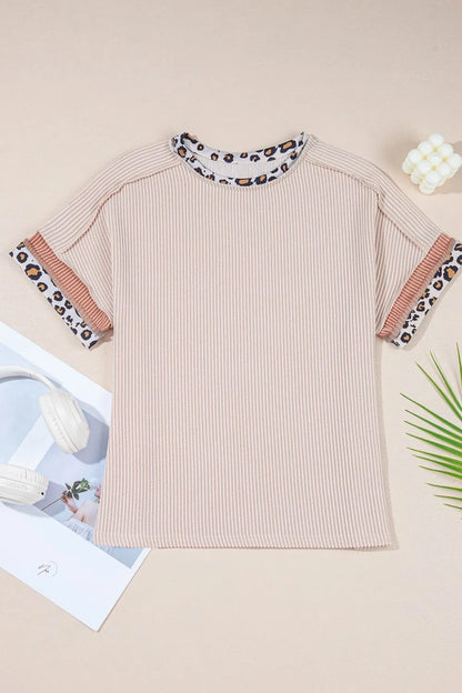 Leopard Trim Round Neck Ribbed T-Shirt-Nordavory