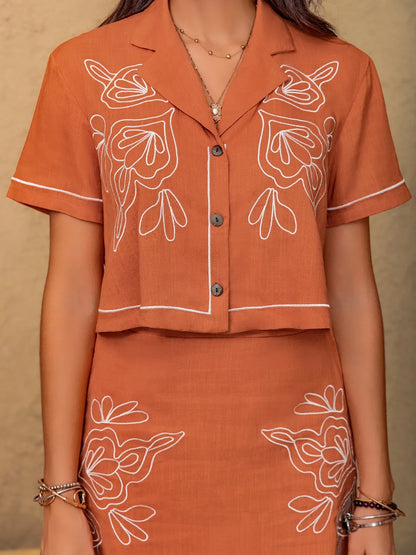 Embroidered Short Sleeve Top and Mini Skirt Set-Nordavory