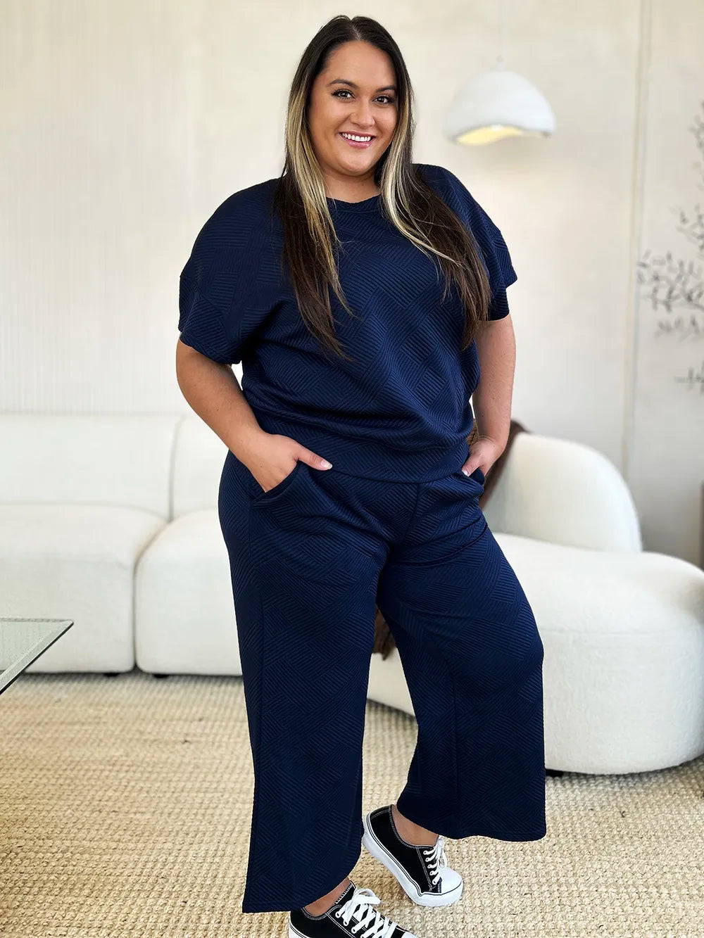 Double Take Full Size Texture Short Sleeve Top and Pants Set-Nordavory