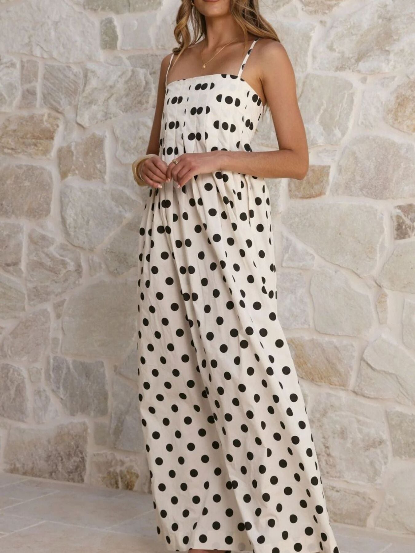 Polka Dot Pleated Detail Maxi Dress-Nordavory