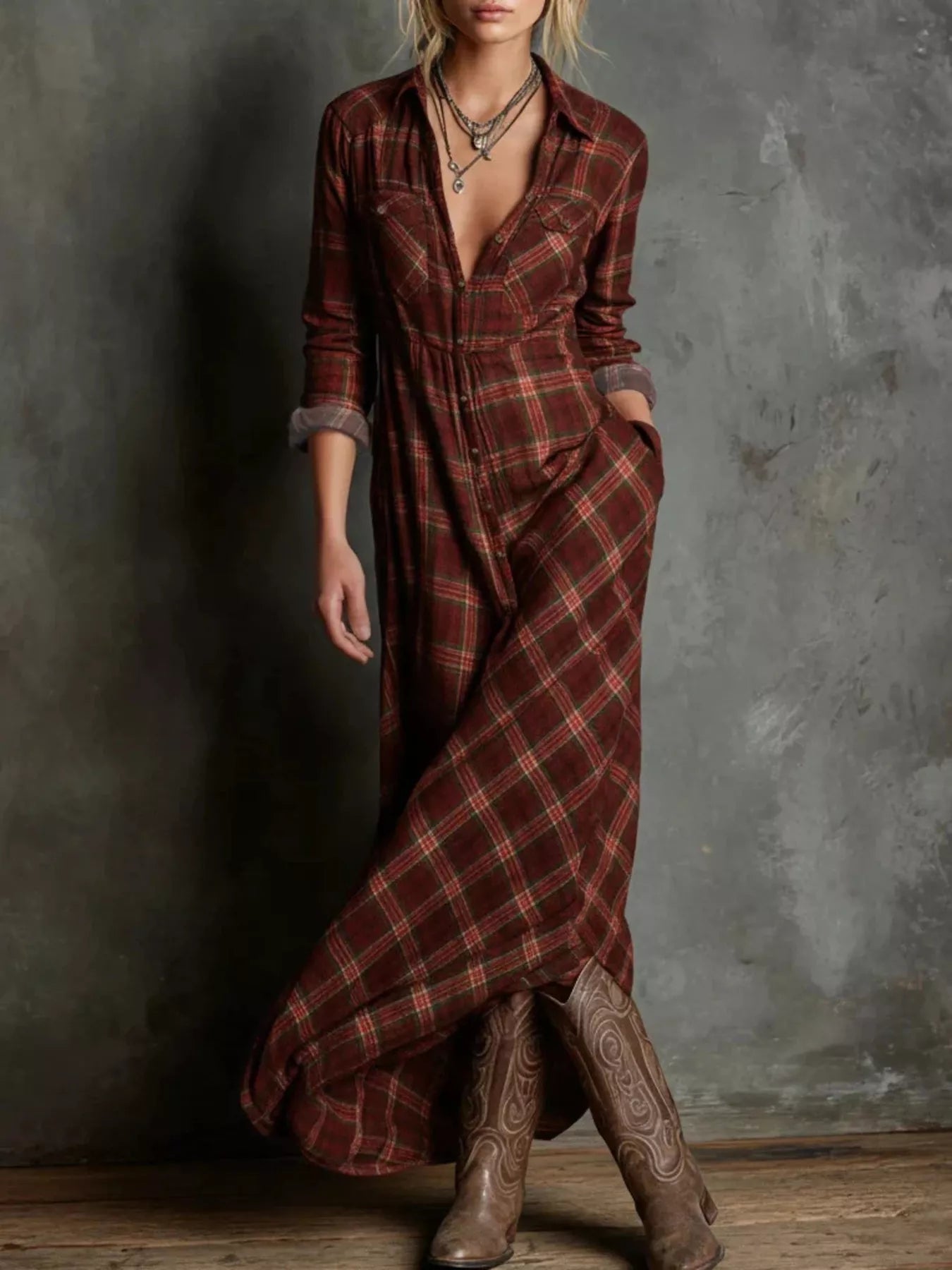 Plaid Button Front Maxi Shirt Dress-Nordavory