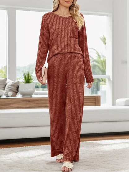 Round Neck Long Sleeve Top and Pants Set-Nordavory