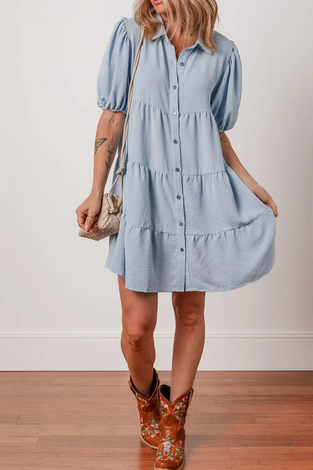 Button Up Puff Sleeve Tiered Shirt Dress-Nordavory