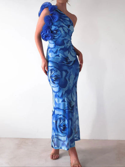 Floral Print One-Shoulder Maxi Dress-Nordavory