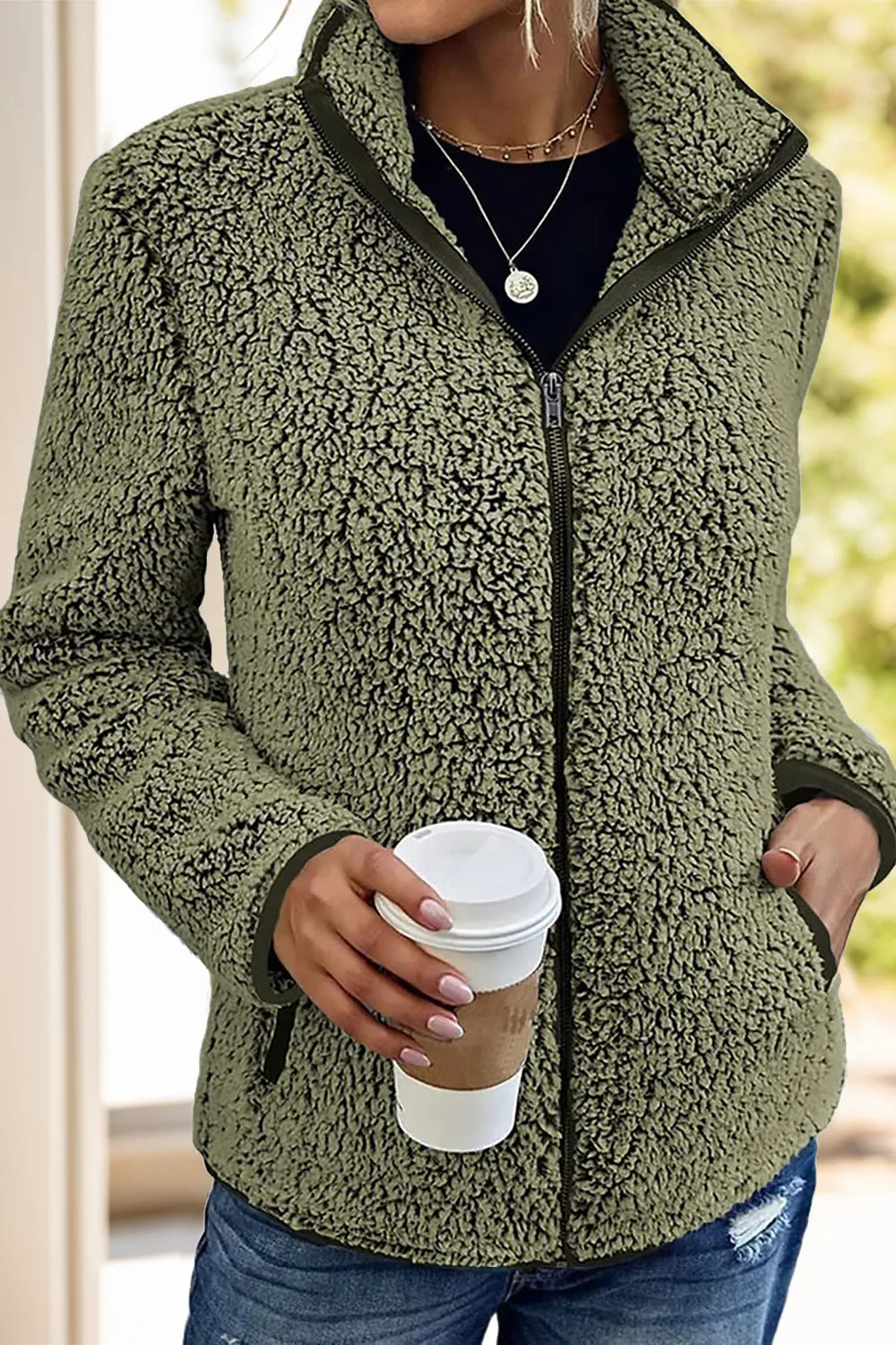 Pocketed Zip Up Turtleneck Jacket-Nordavory