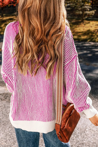 Striped Textured Knit Contrast Edge Loose Sweater-Nordavory