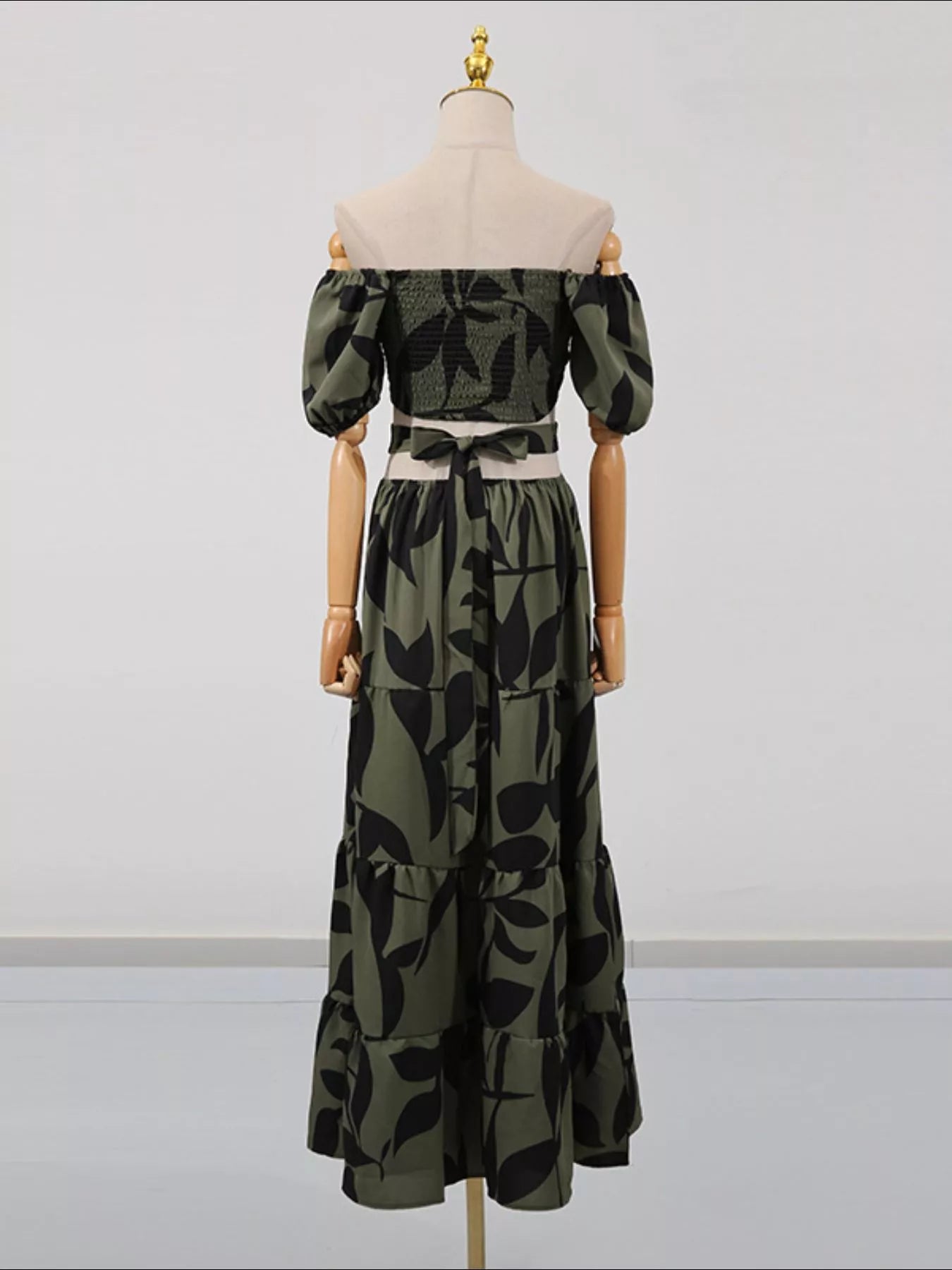 Off-Shoulder Cutout Leaf Print Maxi Dress-Nordavory