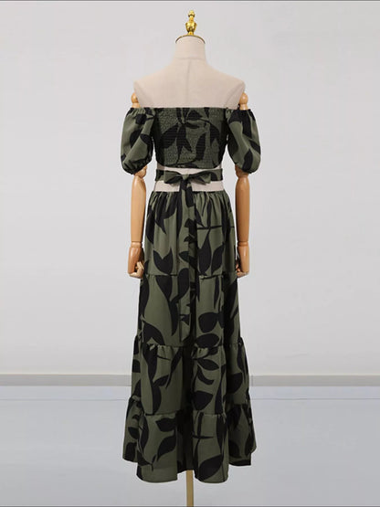 Off-Shoulder Cutout Leaf Print Maxi Dress-Nordavory