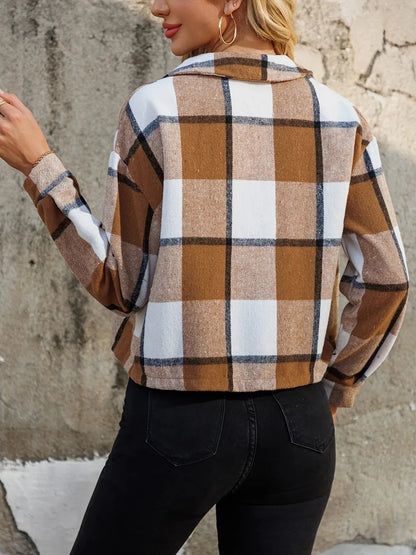 Plaid Collared Neck Cropped Jacket-Nordavory