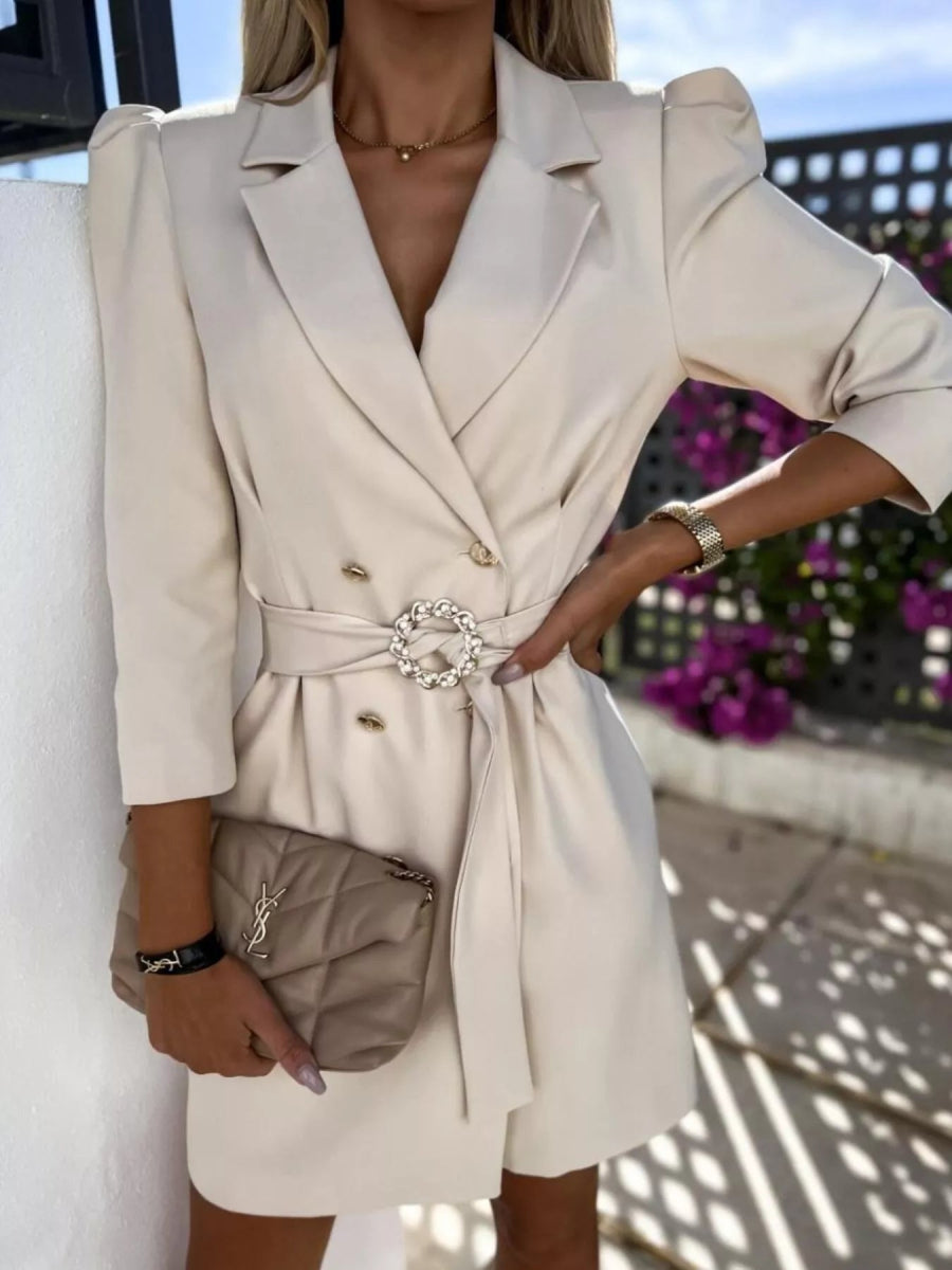 3/4 Sleeve Belted Blazer Dress-Nordavory