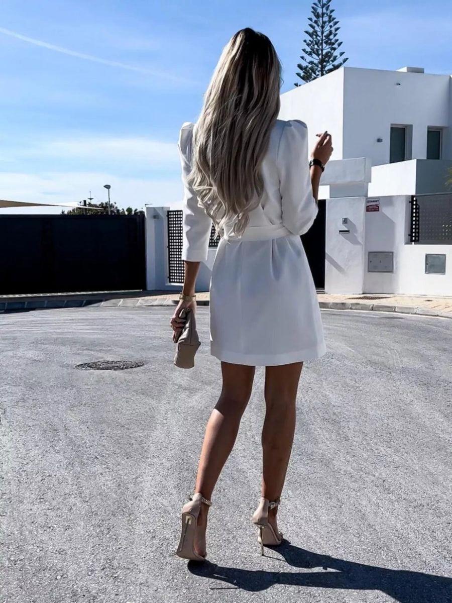 3/4 Sleeve Belted Blazer Dress-Nordavory