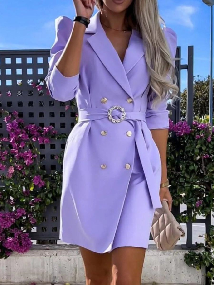 3/4 Sleeve Belted Blazer Dress-Nordavory