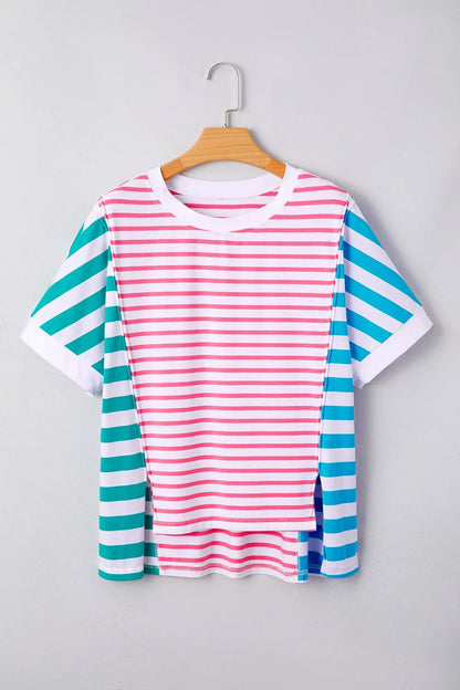 Color Block Striped Batwing Sleeve T-Shirt-Nordavory