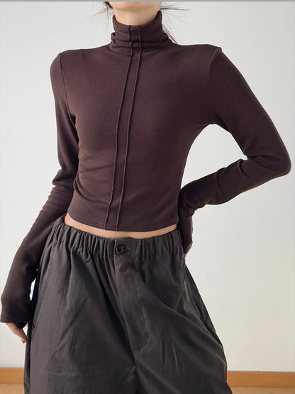 High Neck Long Sleeve Cropped T-Shirt-Nordavory