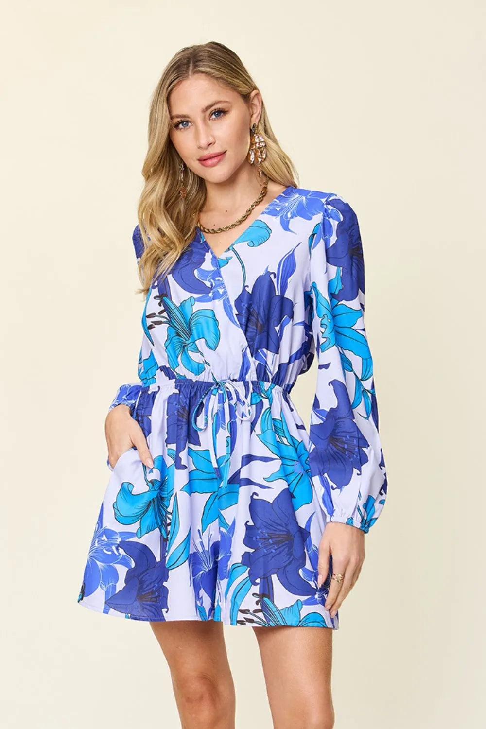 Double Take Full Size Floral Long Sleeve Romper with Pockets-Nordavory