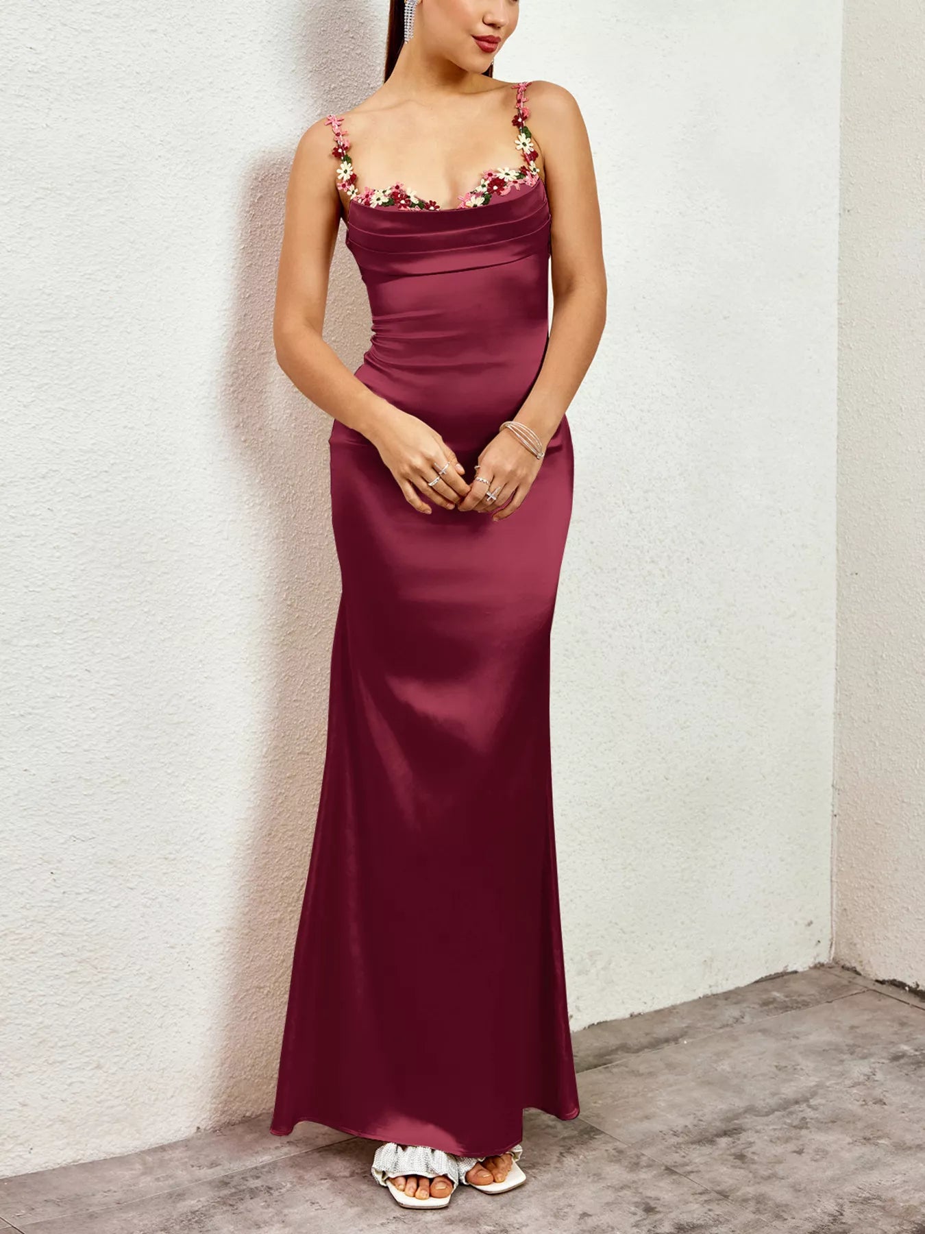Floral Trim Satin Maxi Dress-Nordavory