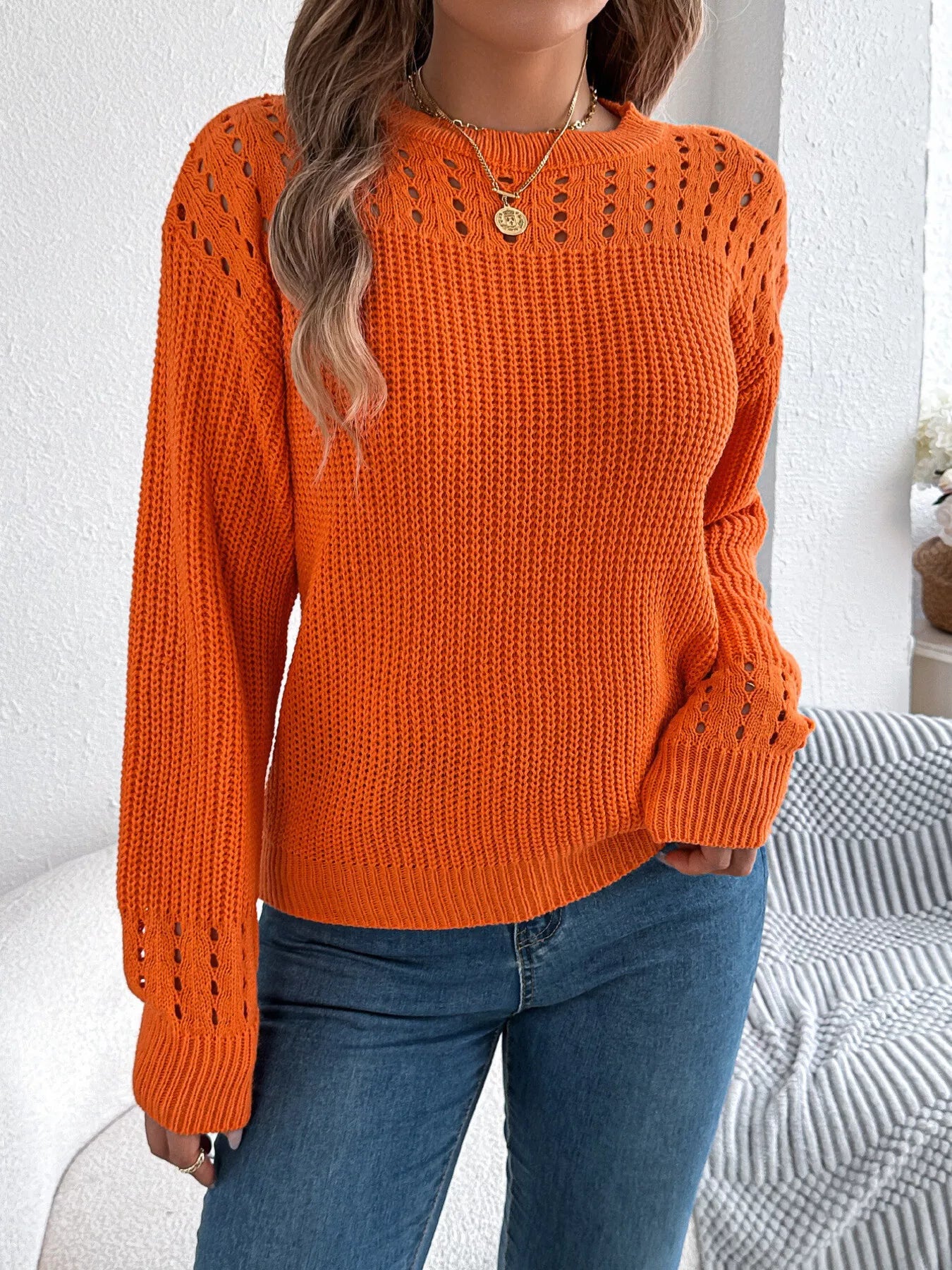 Openwork Round Neck Long Sleeve Sweater-Nordavory